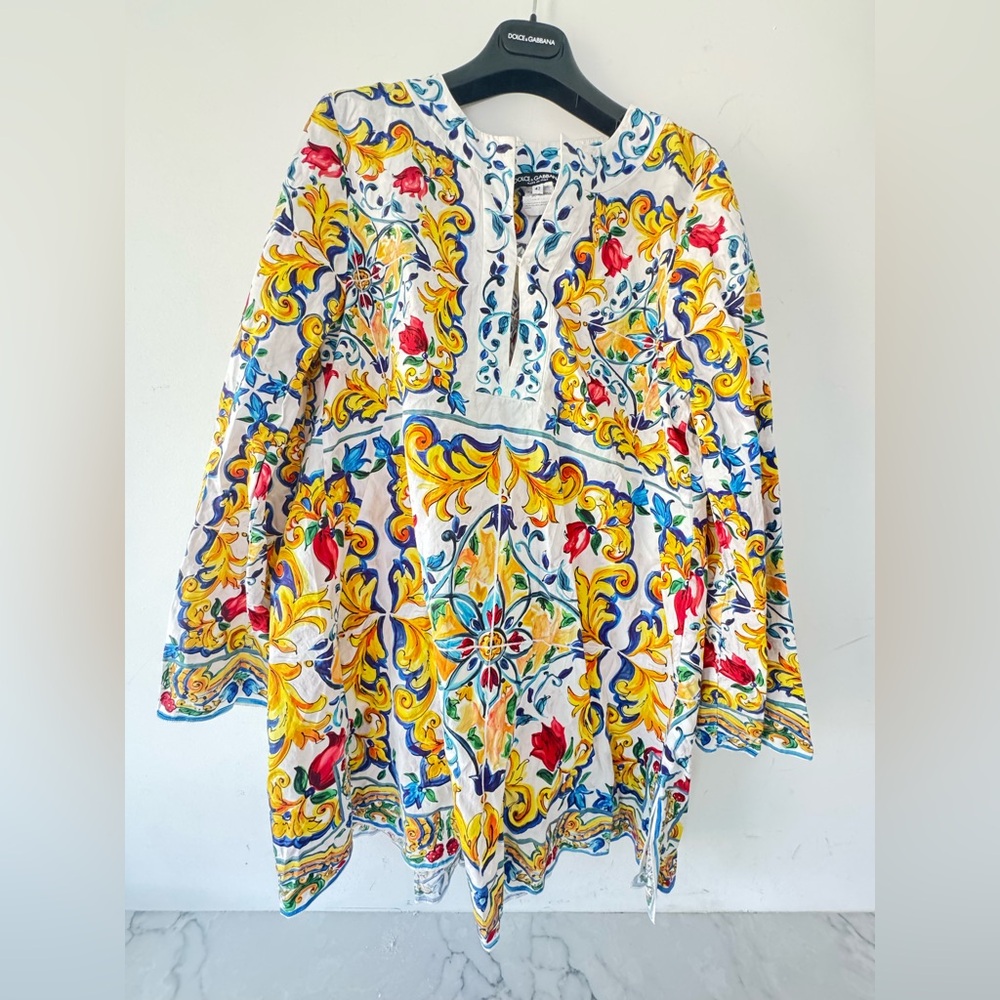 Dolce and Gabbana Majolica Printed Cotton Bell Sleeve Kaftan Dress size IT 42 - Picture 12 of 13